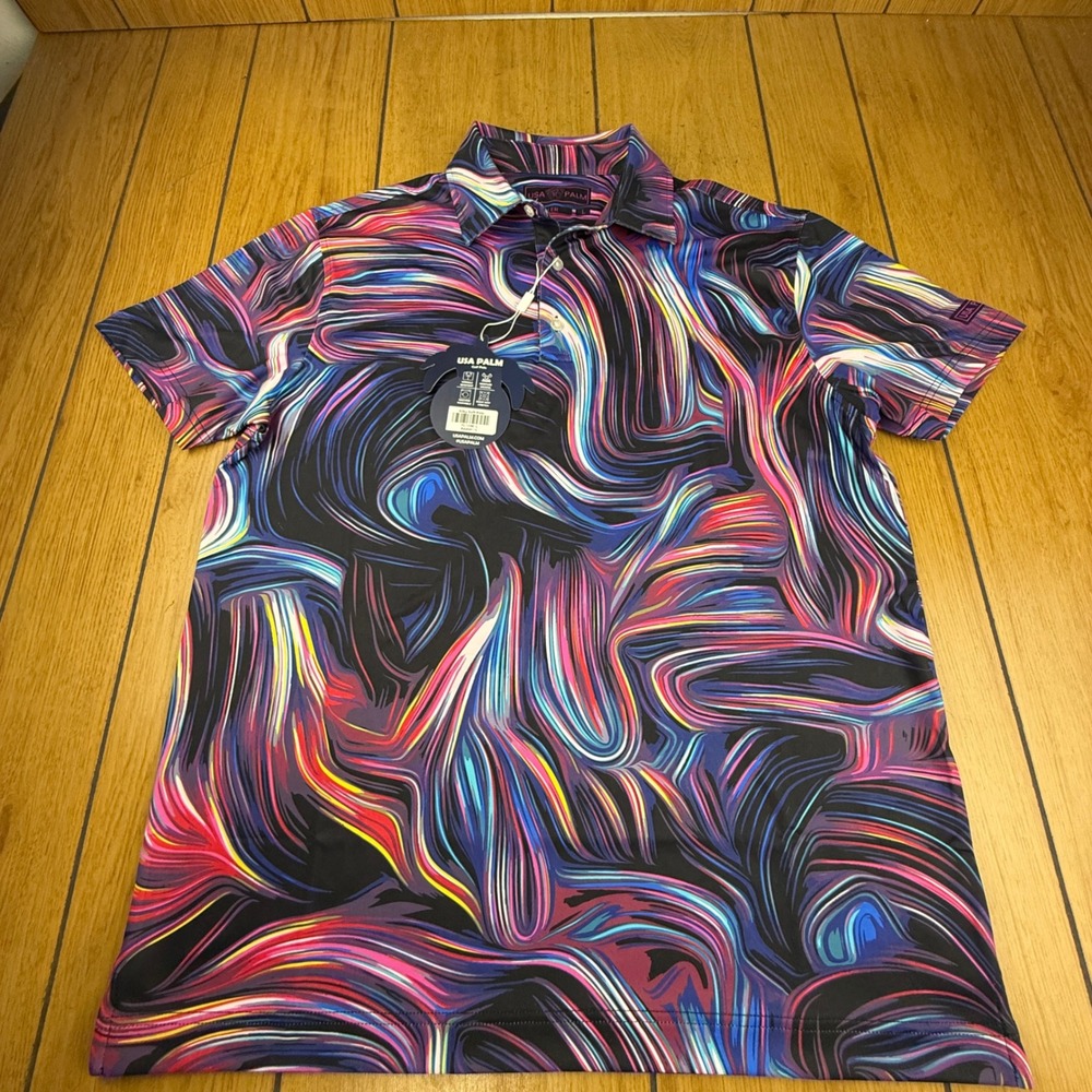 USA Palm Kepler Golf Polo Shirt Mens Large L Silky Soft Psychedelic Swirl New
